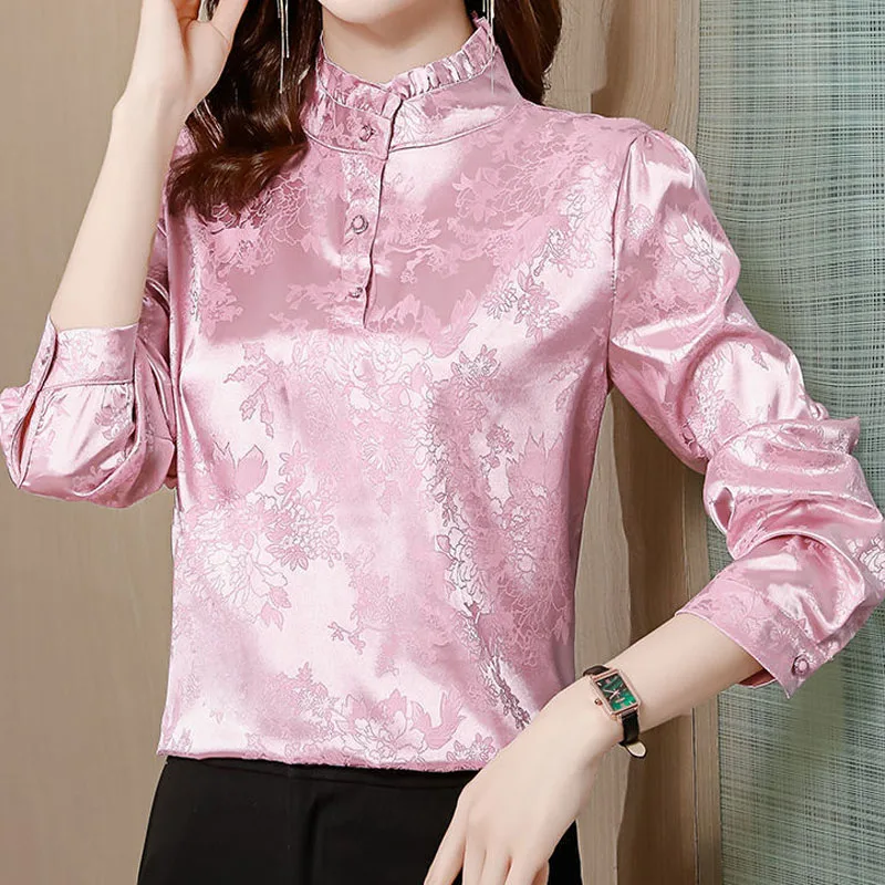 High Quality Satin Wooden Fungus Lace Neckline Magnificent Elegant Women Half High Collar Thin Blouse Flower Printing Pullover