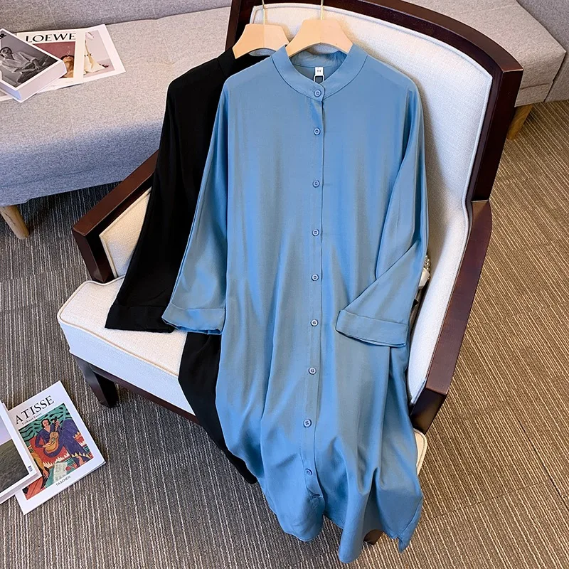 

plus Size Slimming Long Shirt Dress Women's Spring Fashion New Loose Fit Elegant Slit Design Korean Style Commute Wind Dress