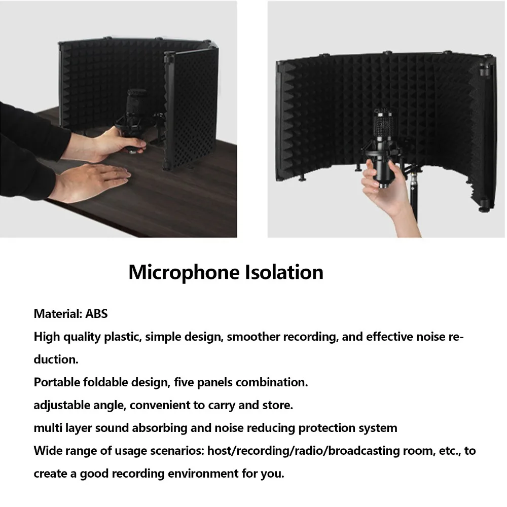5-Panel Structure Microphone Isolation Shield Foldable Adjustable Angles Mic Sound Absorbing Foam Reflector Portable Vocal Booth