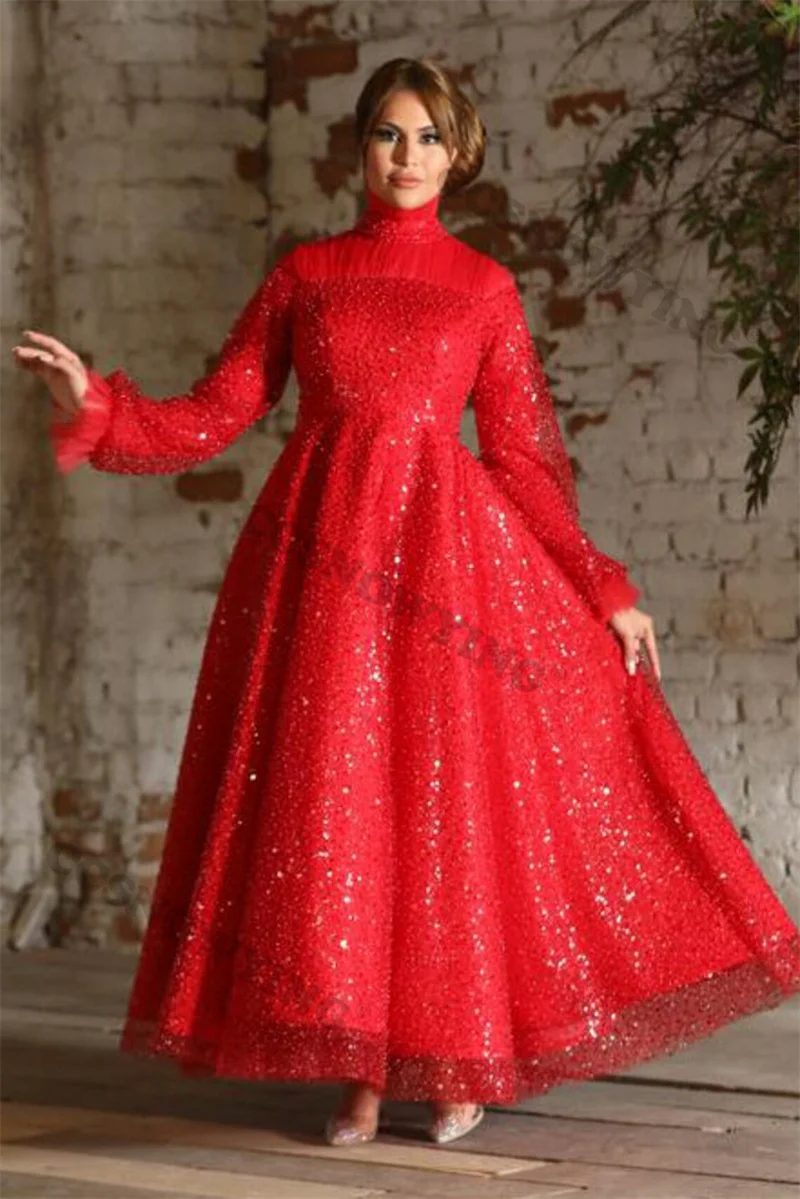 Abiti da sera musulmani di moda a maniche lunghe con paillettes scintillanti abiti da festa formali islamici collo alto donna abiti arabi De Soirée