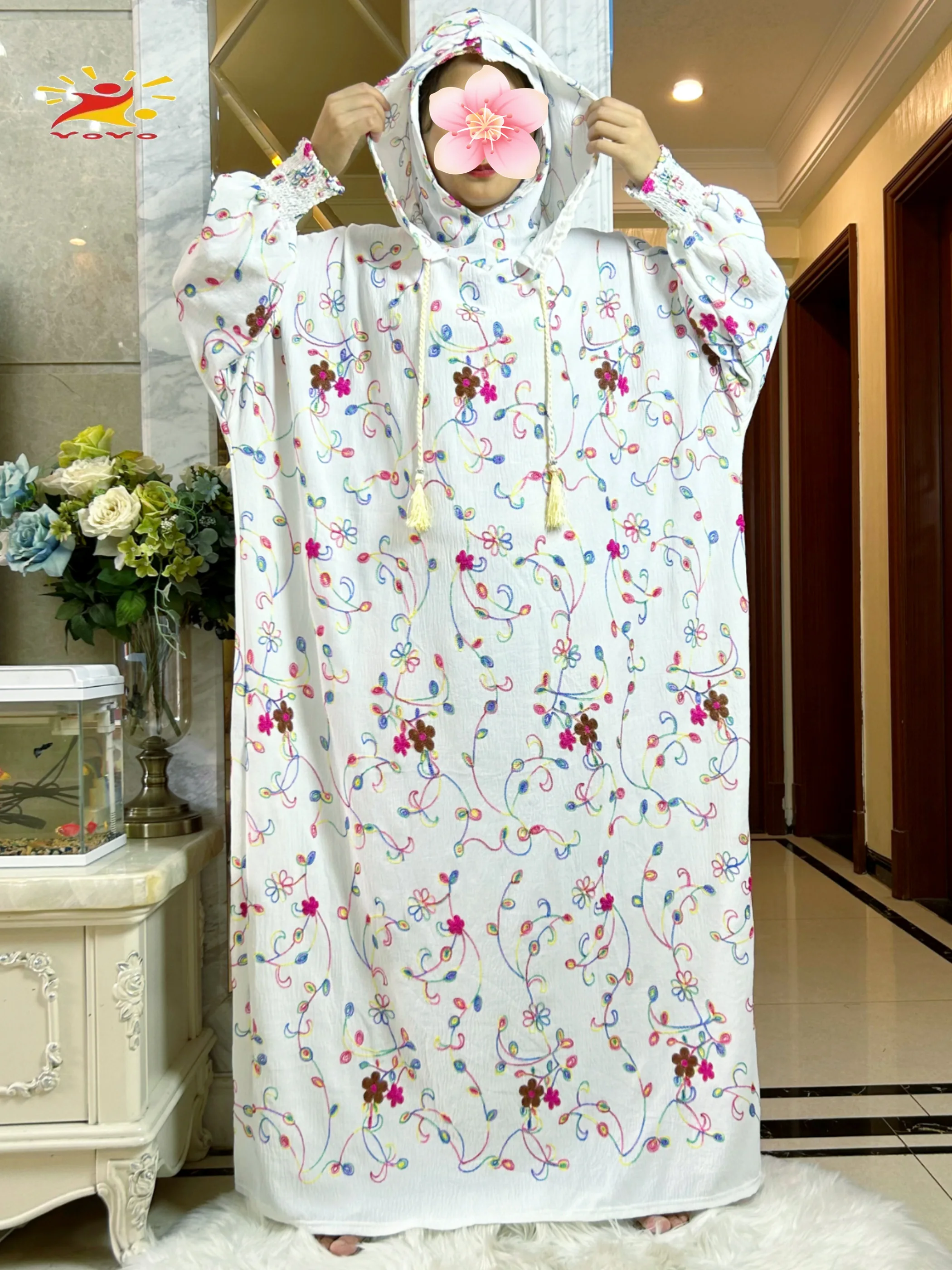 2025 New Ramadan 100% Cotton Abaya Embroidered Prayer Garment Clothing Dubai Islamic Maxi Arab Robe Muslim Women Dresses