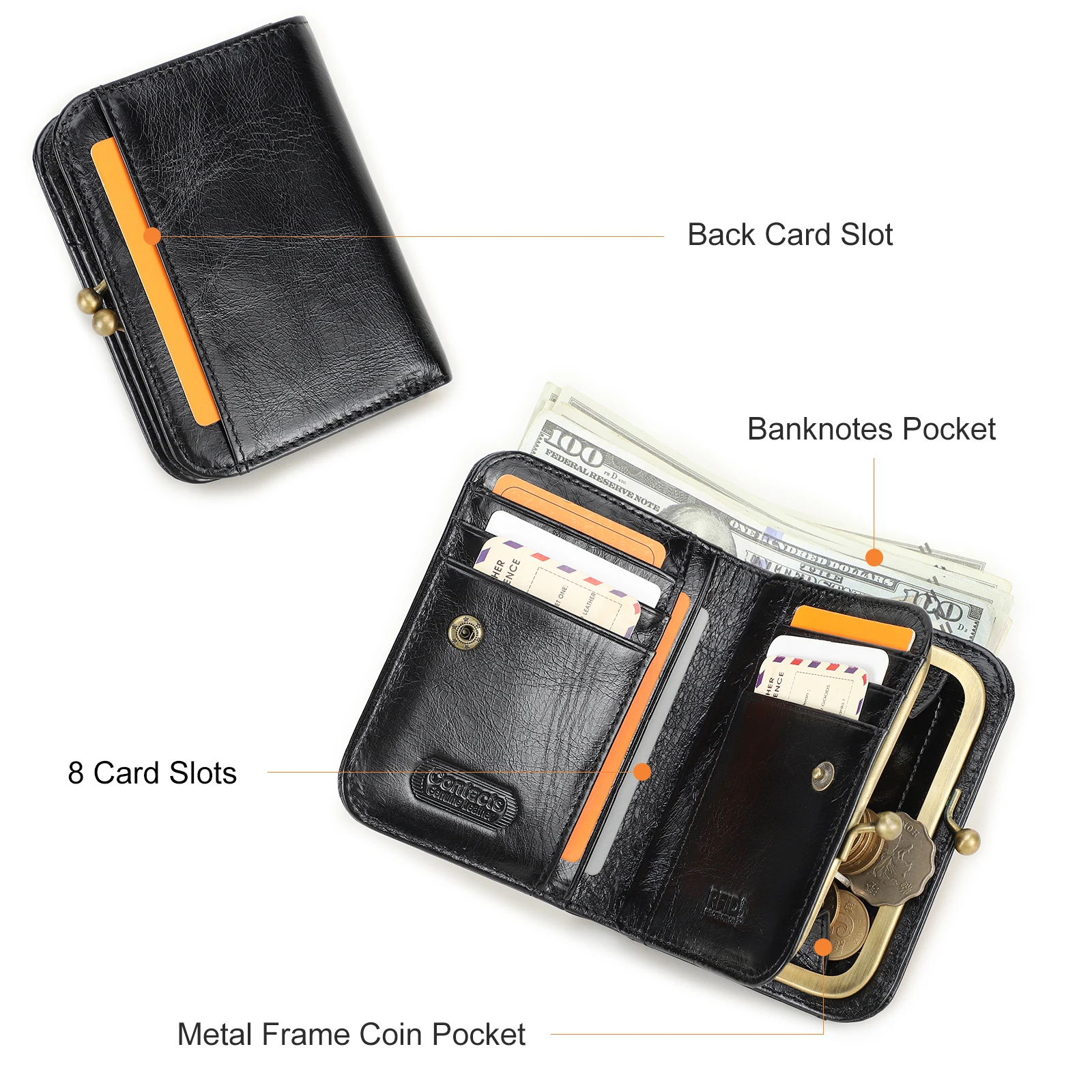 CONTACT\'S Genuine Leather Short Wallets for Women Kiss Lock Classic Wallet Metal Frame Coin Purses Card Holder Money Clip Bags