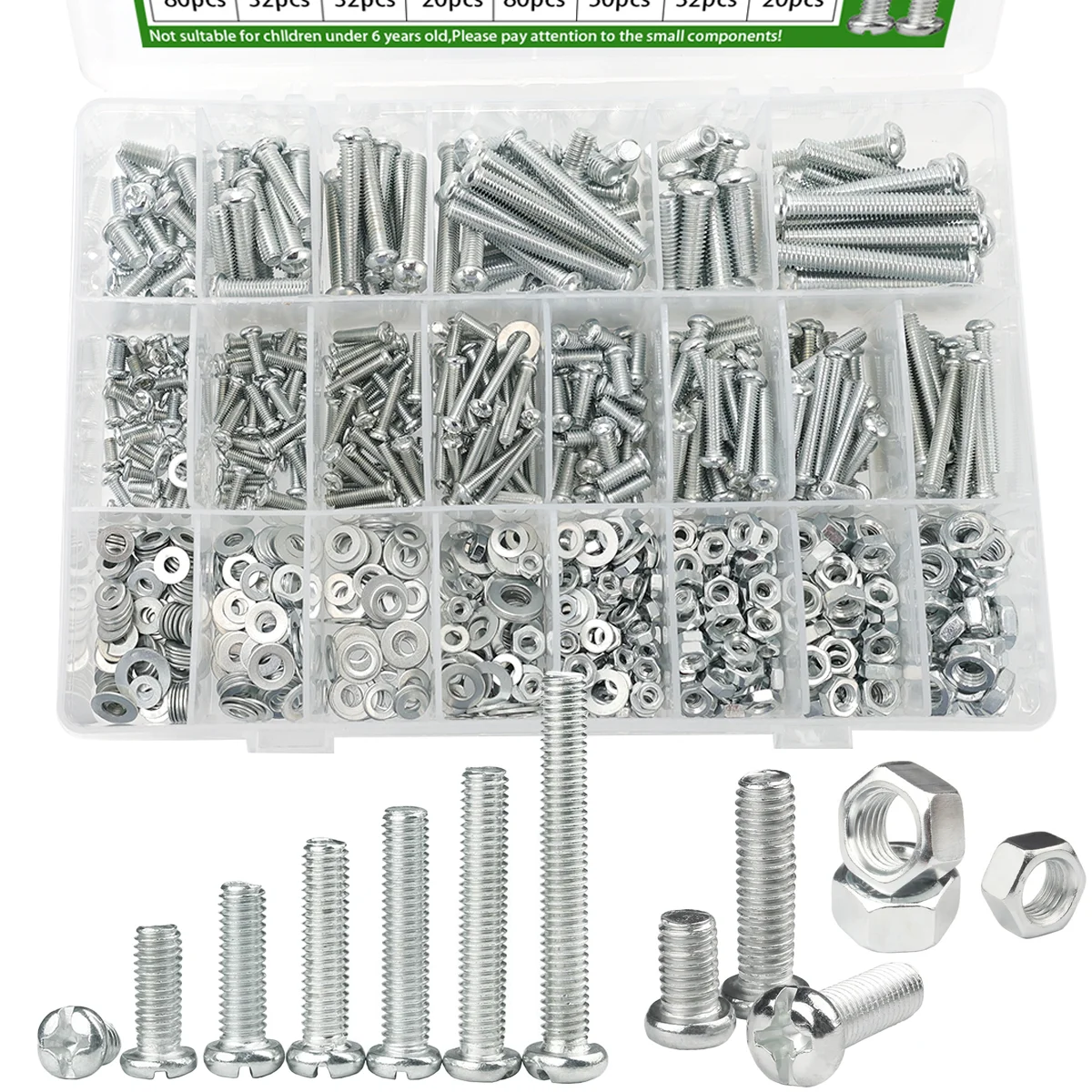 

546pcs galvanized cross pan head screw and nut combination set, M3 M4 M5 M6 cross round head screw and nut washer