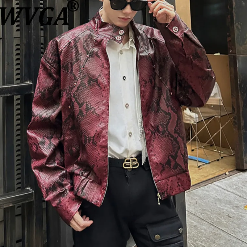 

WVGA Autumn Winter New Men Tide Pattern Printed Trendy Rivet Leather Jackets Niche Chic Casual Turn-Down Collar Coats Ins W16229