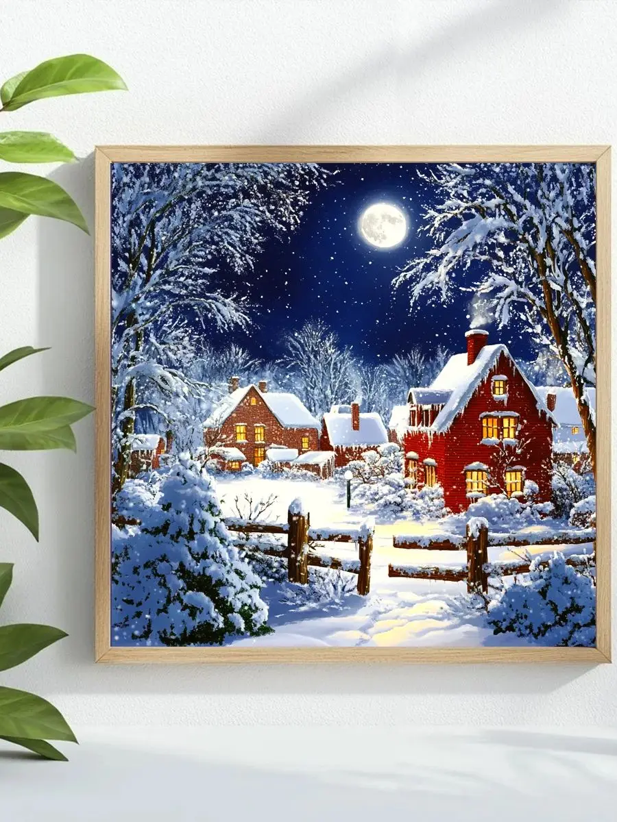 1 Stück 40x40 cm/15,74 Zoll, 11CT/14CT Druck-Kreuzstich-DIY-Set, entspanntes Kreuzstich-Set für Erwachsene Anfänger, schneebedeckte Straße – Detail 1