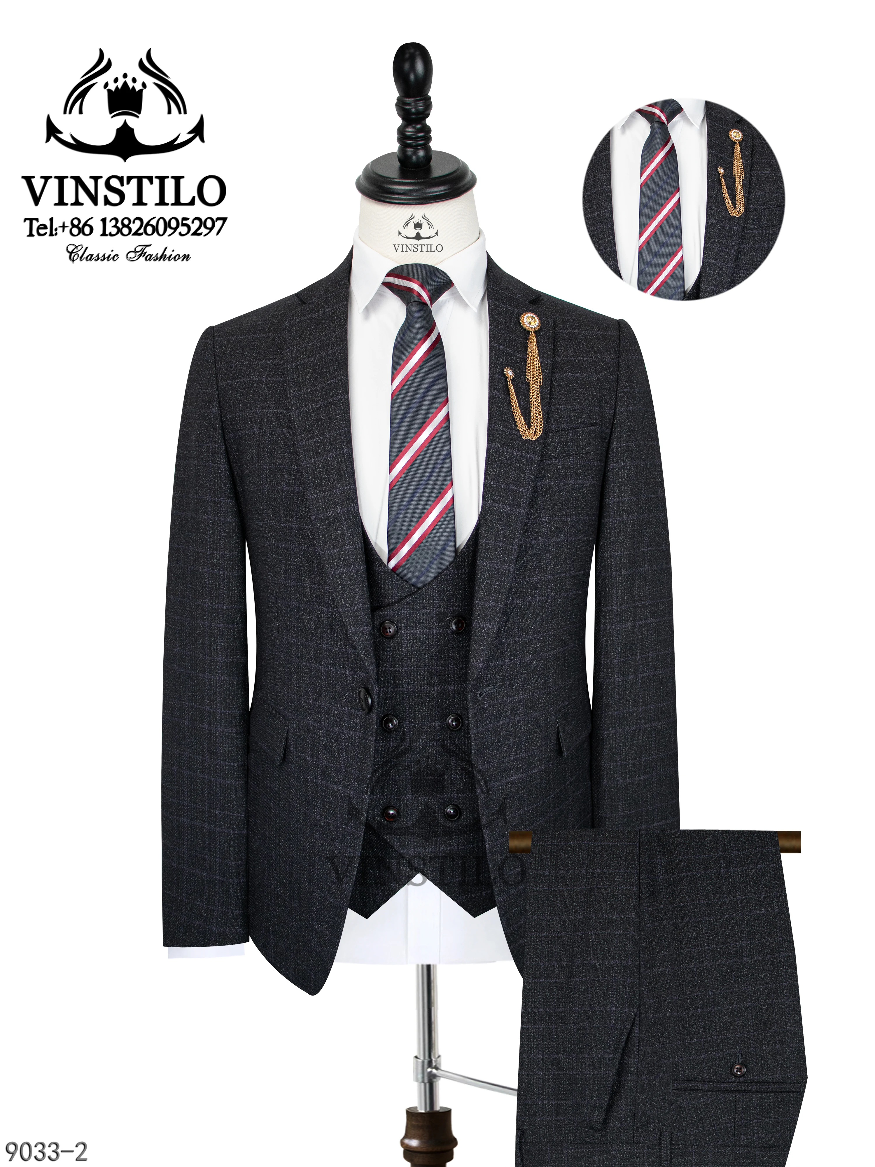 VINSTILO High Quality Elegant Men's Suit Plaid Fabric Boutique 3piece Fashion Casual Slim Fit Design Wedding Party Full Clothing