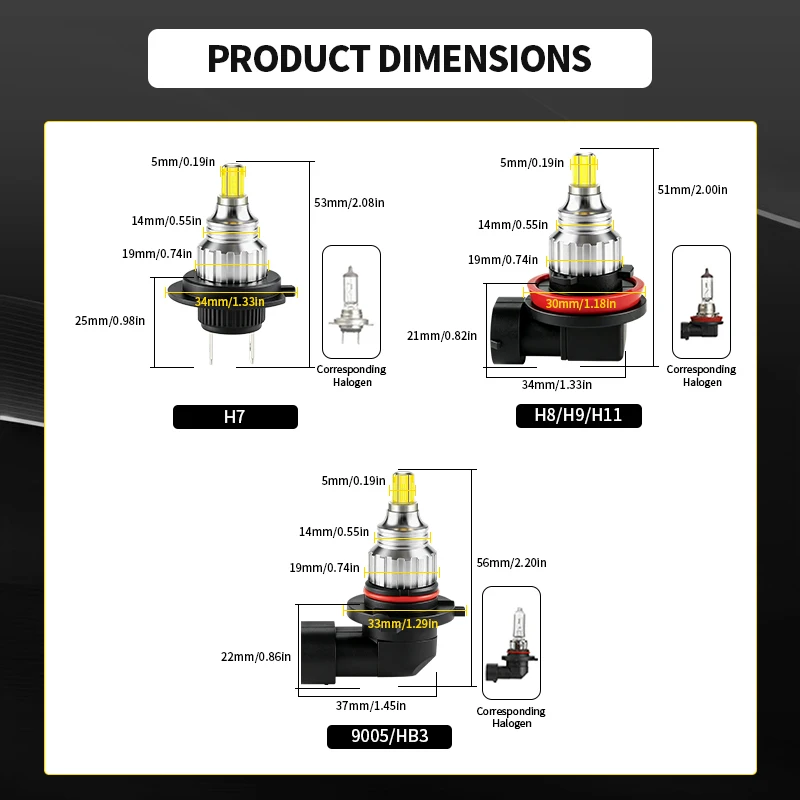 2PCS LED H7 Headlights Bulbs High Low Beam Car DRL Light 9005 HB3 9006 HB4 H8 H9 H11 H16(JP) 1:1 Mini Size Fog Lamp 12V