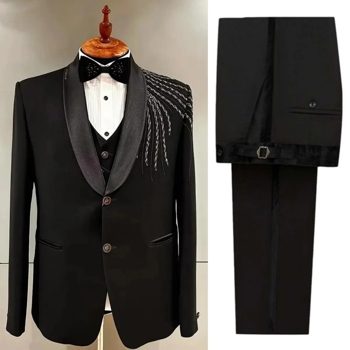 

Gentleman Wedding Tuxedos Beaded 2 Pcs Jacket Pants Men Suit Fashion Shawl Lapel Single Breasted Evening Groom Coat Customized