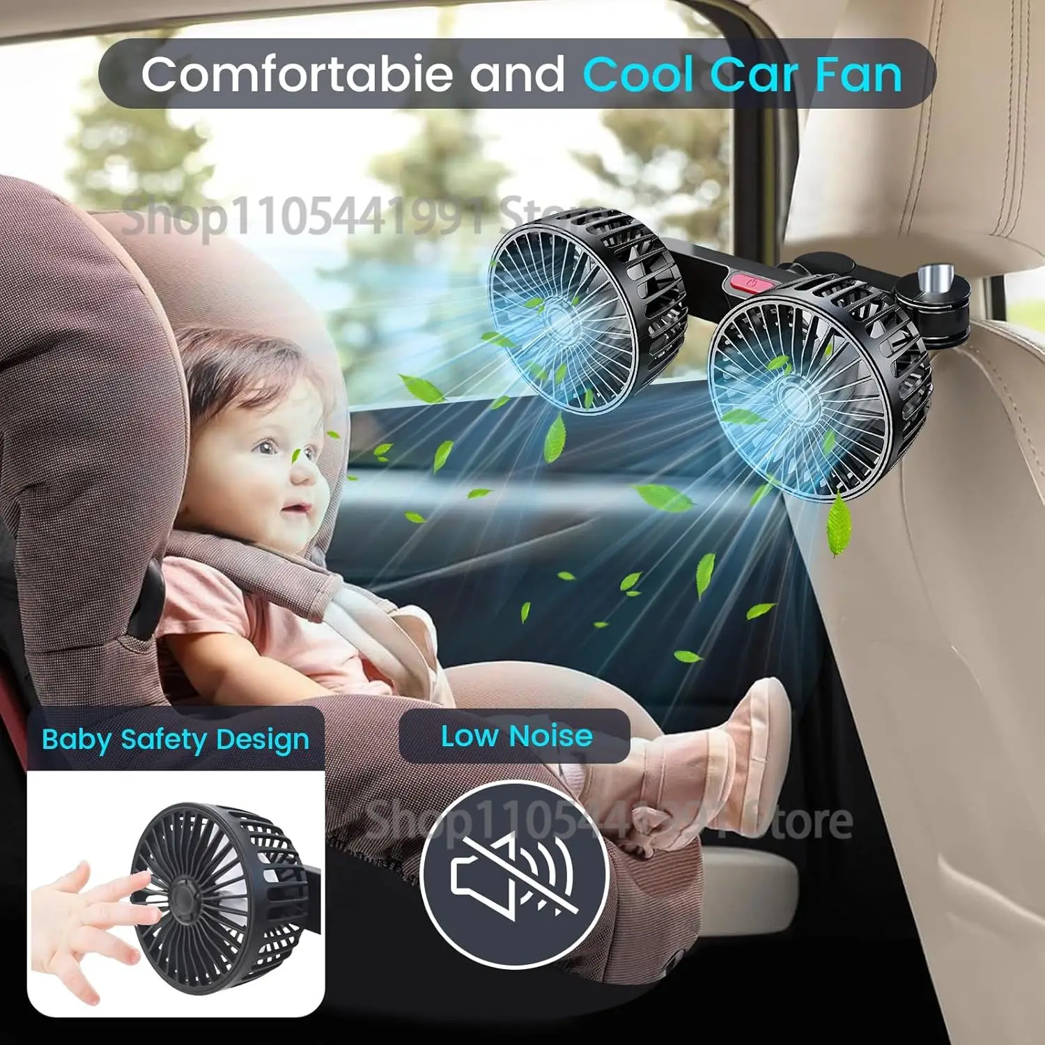 USB Car Cooling Fans for Backseat,Dual Head Car Fan, Rotatable Headrest Fans, Electric Air Circulation Fan for SUV Truck Sedan