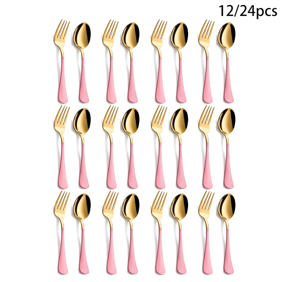 12/24-Piece Gold and Pink Stainless Steel Cutlery Set, Including Western-Style Forks and Spoons, Dishwasher-Safe Cutlery Set Sui