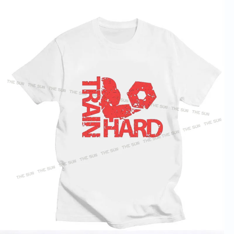 Train Hard  Gym Biceps Strong Arm with Dumbbell Printing Shirt Casual Short Sleeve Clothing Streetwear Men's Hip Hop Cotton