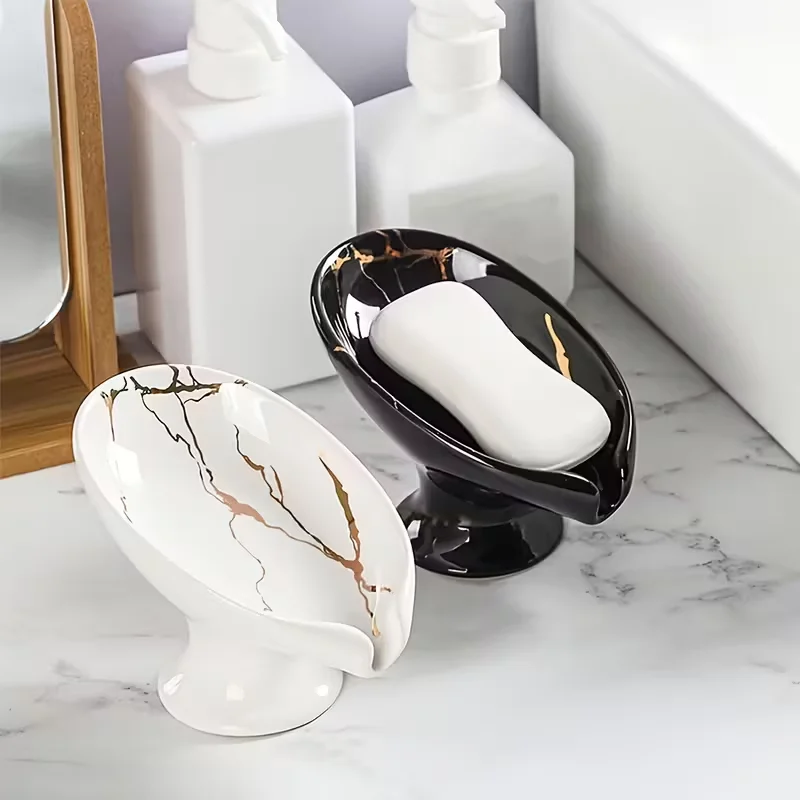 Ceramic self draining water and fertilizer soap rack, marble appearance, leaf shaped soap tray, easy to clean bathroom