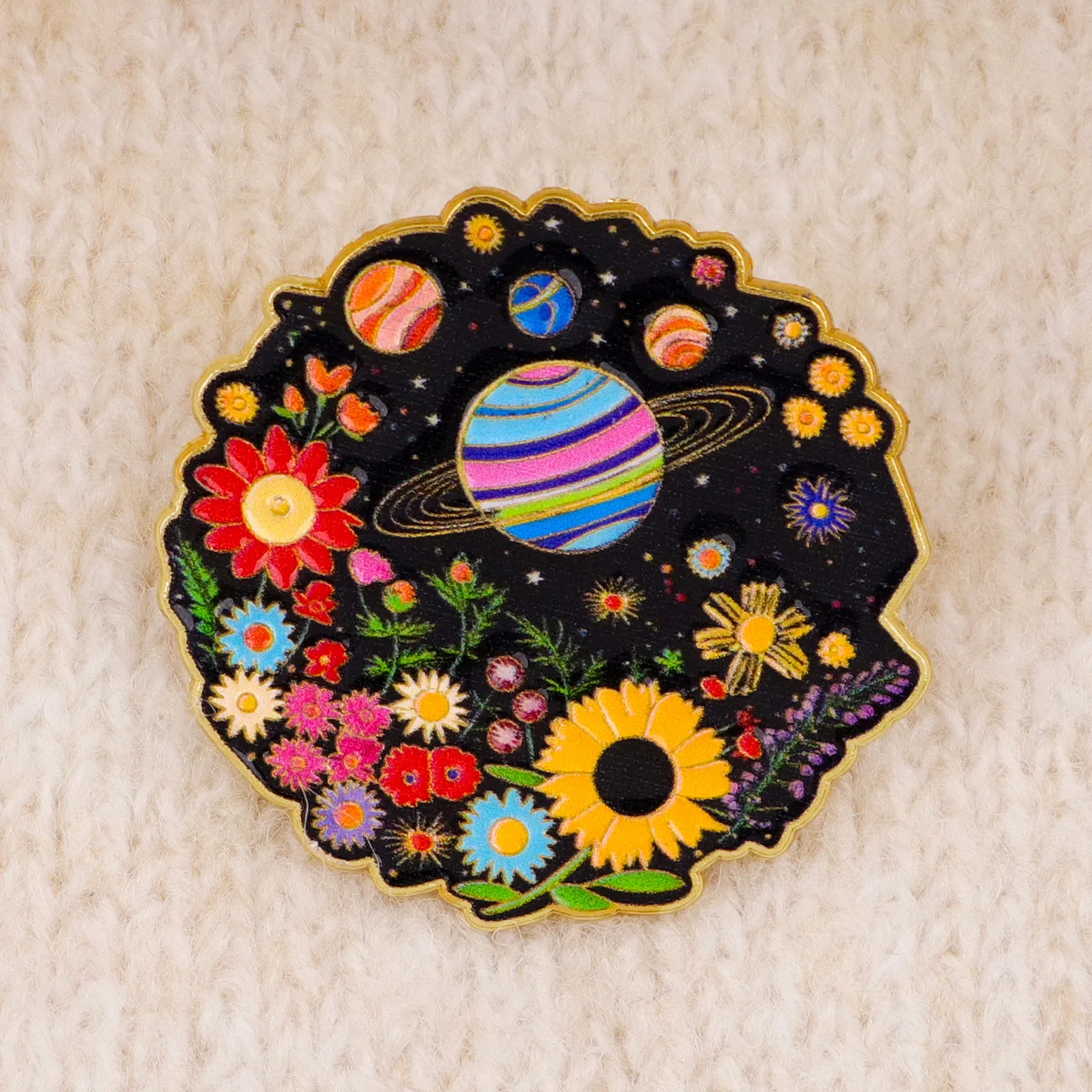 Pin esmaltado espacial planeta y flor para mochila, solapa - imagen 5