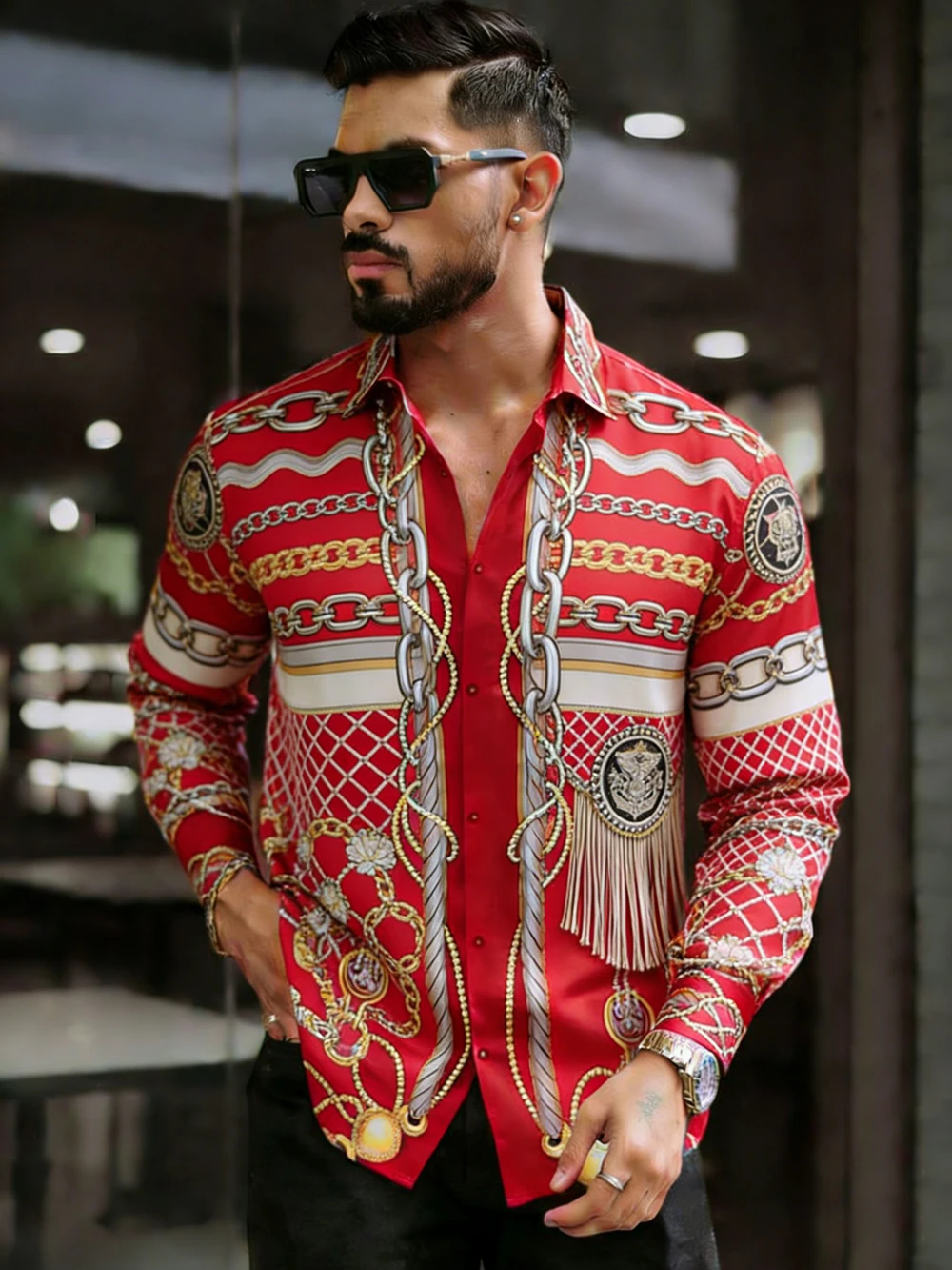 2026 Men's Retro Long Sleeve Shirt Chain Palace Pattern High Definition 3D Printed Shirt Hawaiian Vacation Social Men's Clothing
