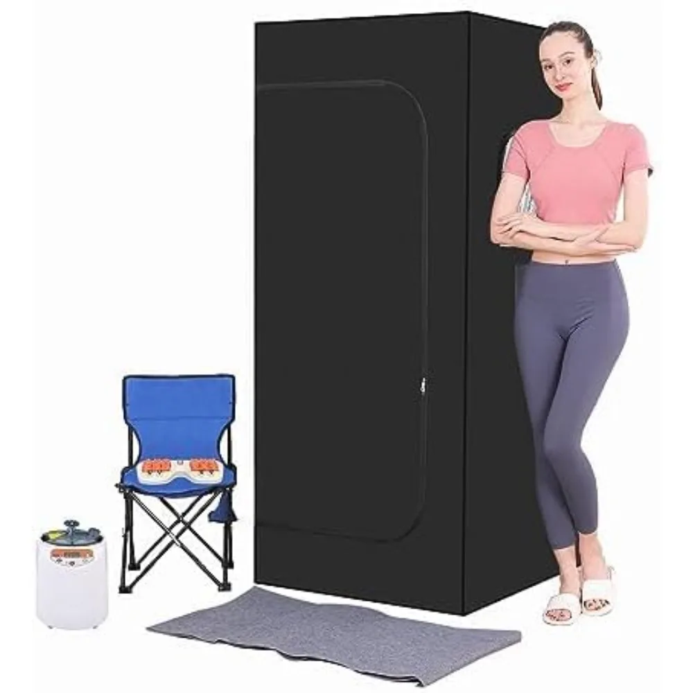 Full Body Personal Home Sauna Box, Portable Steam Saunas Tent, 1100 W & 3 L Sauna Steamer, Remote Control, Foldable Chair(Black)