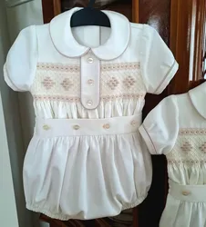 0-6Y Baby Boy Summer White Short Sleeves Handmade Embroidery Smocked Outfit Suit for Party Birthday Holiday A101