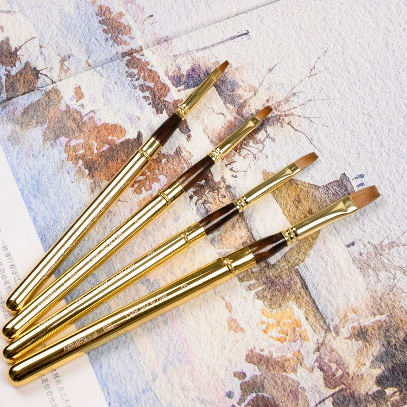 

Travel Mini Pen Pure Kolinsky Hair Artist Watercolor & Acrylic & Oil Painting Brush Tool Gold Cap Flat Sable 103F MU HE ART