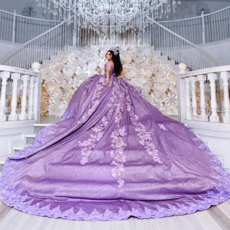 Luxo lavanda brilhante quinceanera vestido 2025 princesa applique rendas contas doce 15 16 vestido de festa de aniversário de 15 anos