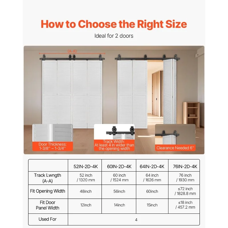 Bi-Folding Sliding Barn Door Hardware Track Kit 60" for Four 14" Doors