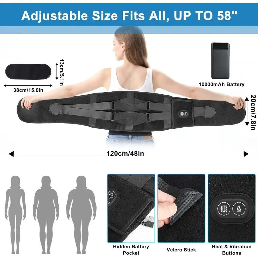وسادة تدفئة محمولة لتخفيف آلام الظهر: مدلك أسفل الظهر مع 3 إعدادات للحرارة و3 أوضاع اهتزاز ومضرب قابل لإعادة الشحن بقوة 10000 مللي أمبير في الساعة
