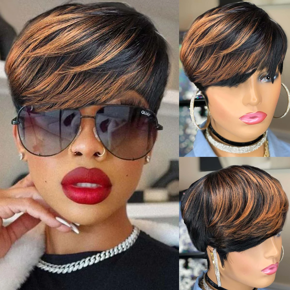 Pixie Cut Wig Human Hair for Black Women Pixie Layered Wavy Wigs Black with Brown 1B/30 Color Glueless Short Curly Wigs