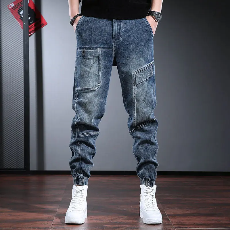Korean Retro Workwear Jeans Men's Autumn Thin Casual Wear-Resistant Straight Leg Pants With Multiple Pockets Long Pants