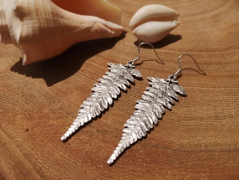 

ferns statement dangle earrings, plants silver bohemian leaves botany jewelry