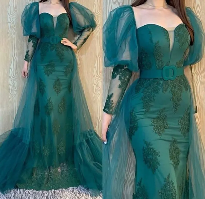 Hunter-Vestidos de Noche de encaje verde, mangas abullonadas largas de sirena, cinturón, vestidos de fiesta de noche Arabia Saudita, talla grande metgala