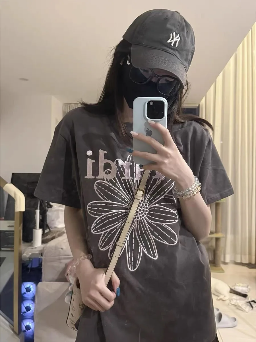 

Korean Style Pure Cotton Short Sleeve T-Shirt Women's Summer Lazy Design Loose Fit Top with Daisy Embroidery round Neck Plant...