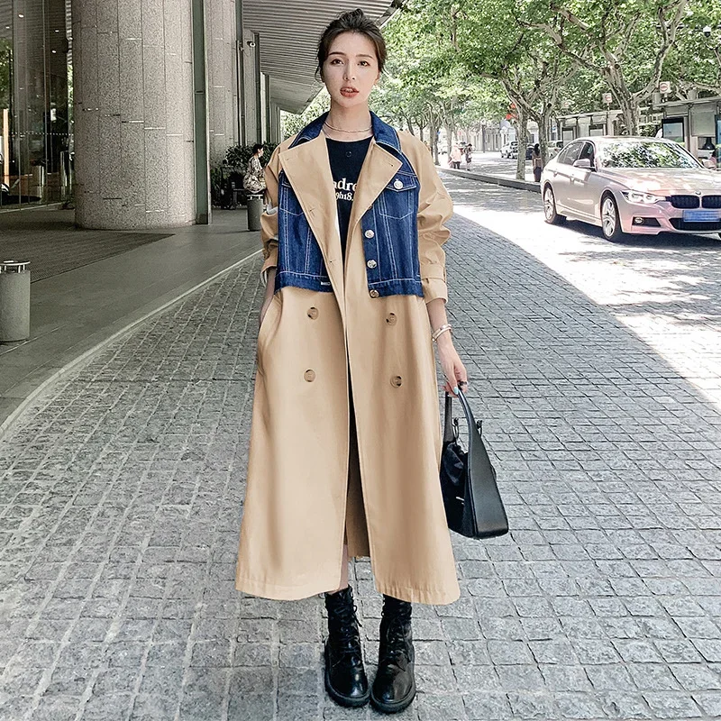 

TPJB New Korea Khaki Trench Coat Women Autumn New Loose Lace Up Waist Double Breasted Long Sleeve Denim Spliced Windbreaker