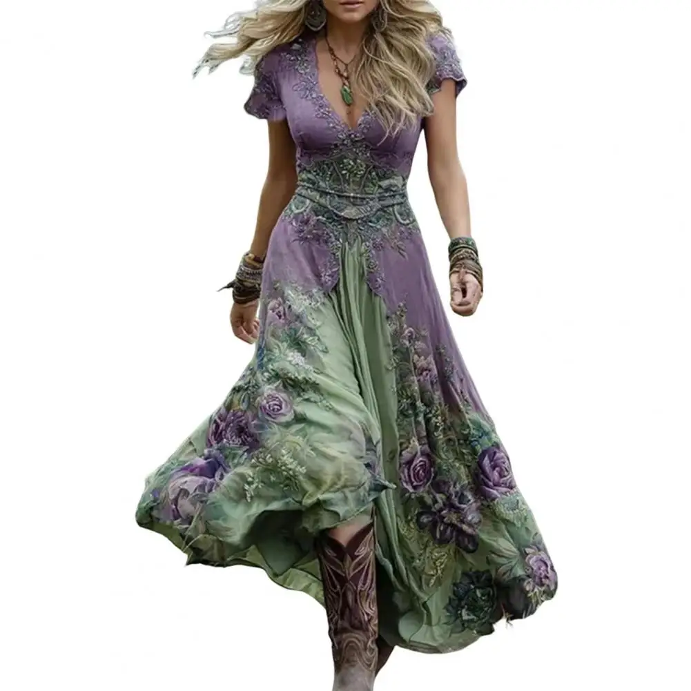 Zomerjurk voor dames, bloemenprint, korte mouwen, V-hals, swingjurk, Boho, zwierige A-lijn, casual, gala, bruiloft, gastjurk