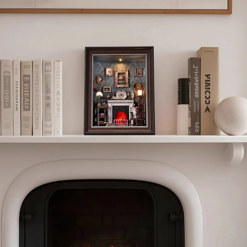 Livro nook kit diy 3d quebra-cabeça de madeira moldura de foto ornamento estante casa de bonecas modelo estante construção decoração para casa natal gif