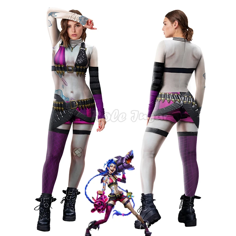 Anime Game LOL Arcane Cosplay Costume Crit Loli Jinx Jumpsuit Zentai Jinx Cosplay Catsuit Sexy Women Carnival Costume