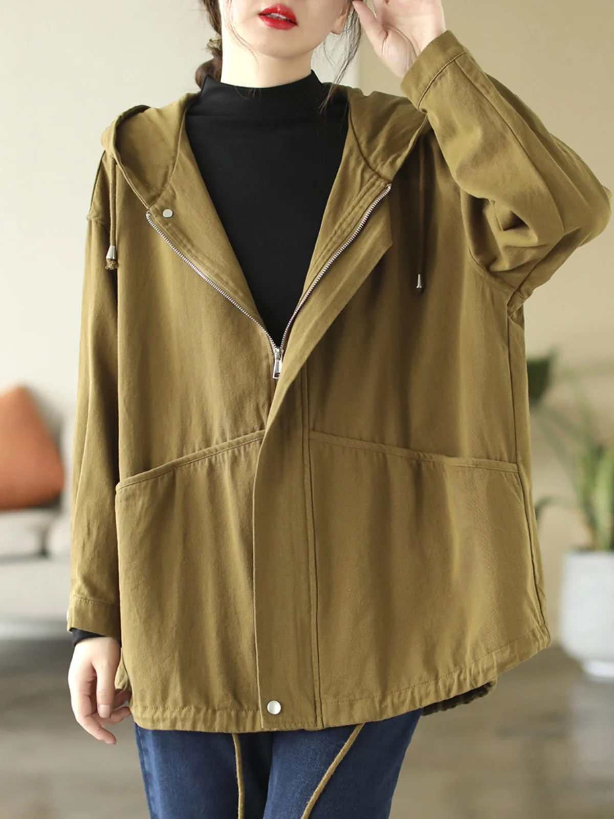 

plus Size Spring Hooded Jaet Zipper Loose Versatile Artistic Korean Sle Slimming Aosphere Women's Faion Outerwear