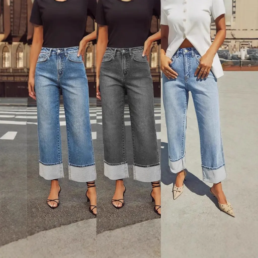 Calça jeans feminina de cintura alta retrô enrolada reta primavera calças de alta qualidade elástica de