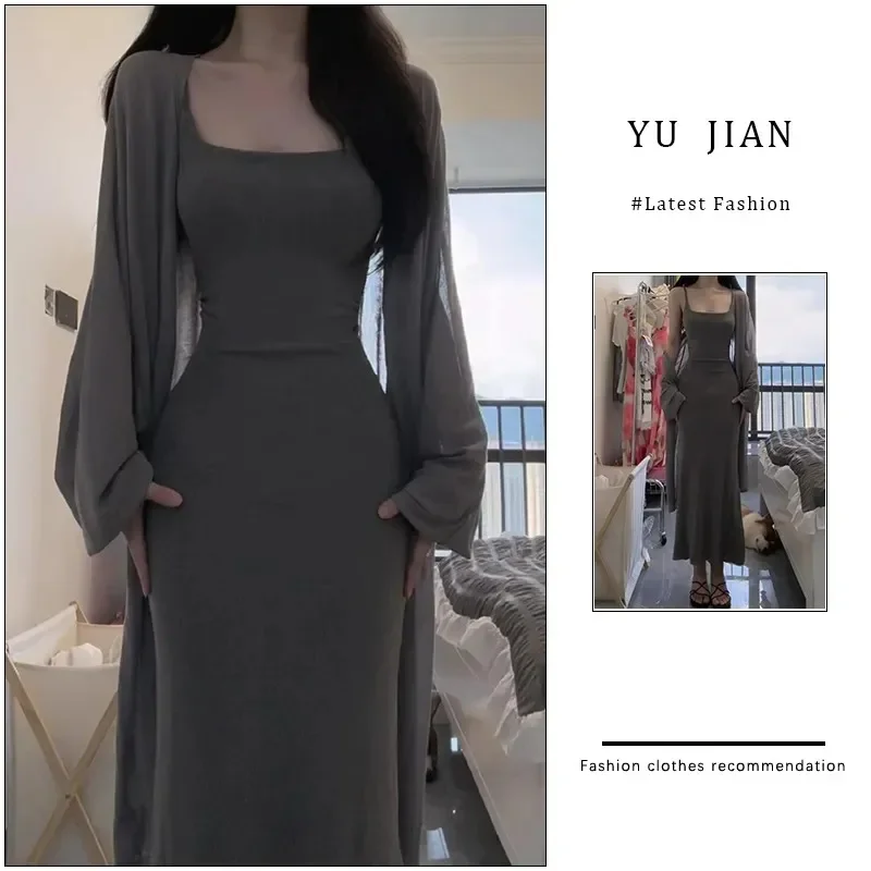 Elegant Women Gray 2pcs Dress Sets Long Sleeve Top and Sleeveless Sheath Dress 2pcs Sets Autumn Commuting Office Suits