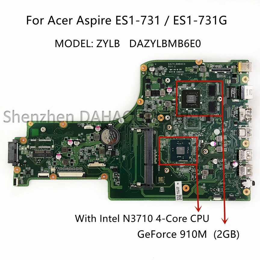 

For Acer Aspire ES1-731 ES1-731G Laptop Motherboard DAZYLBMB6E0 With N3710 4-Core CPU GT910M 2GB NBMZT11005 100% New Original