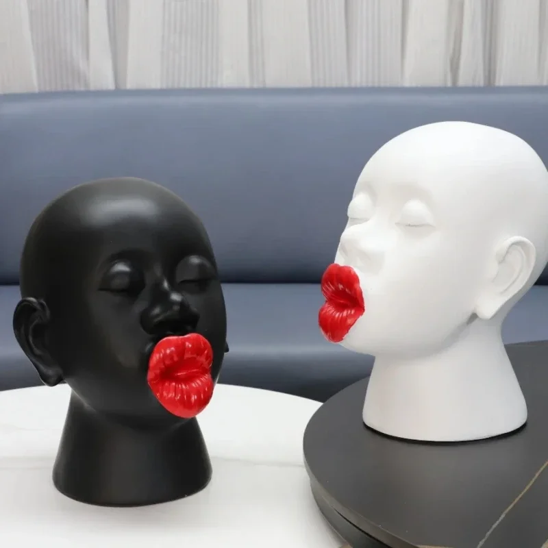 

Female Figure Head Decor Bold Black Red Resin Statue Modern Art Piece Unique Soft Decoration Display Abstract Room Ornament