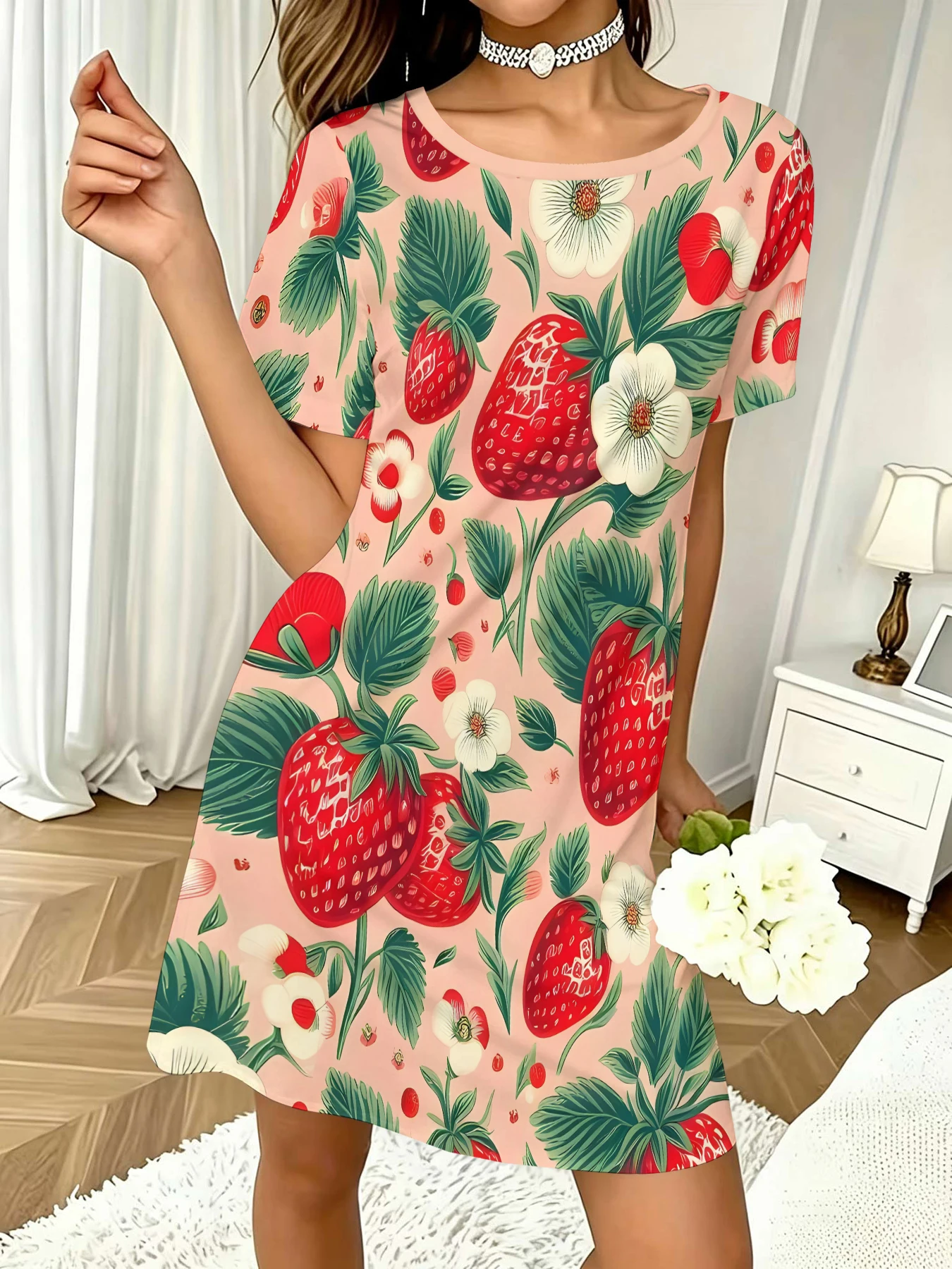 Women's Round Neck Short-Sleeved Dress, Light Pink Base with Hand-Painted Large Strawberries, White Wildflowers, and Green Leaves All over Print Casual Dress