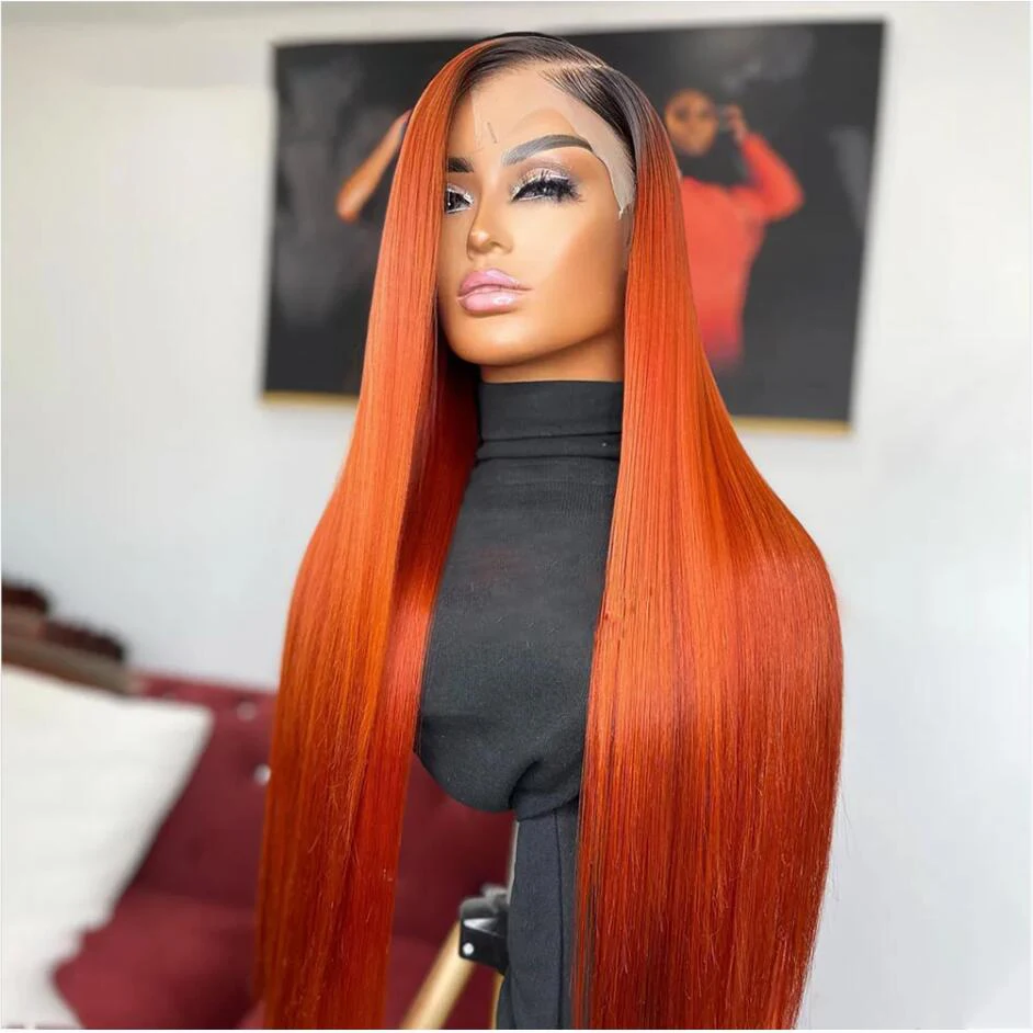 Soft Preplucked 26“Long Ombre Ginger Orange Silky Straight 180%Density Glueless Lace Front Wig For Black Women Babyhair Daily