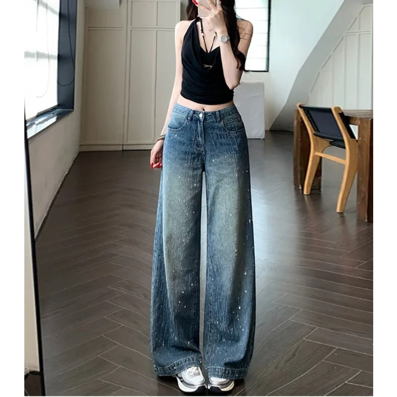 Full Sky Stars Hot Diamond Wide-leg Jeans for Women Autumn 2025 New Style Loose and Petite Look Super Nice Pants Fashion Retro