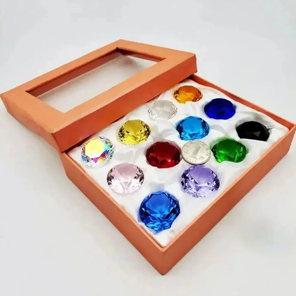 

Crystal Glass Diamond Jewel Paperweight Room Decor Children Toys 12 Color Round Cut Crystal Gem Gift Box Set (12pcs)