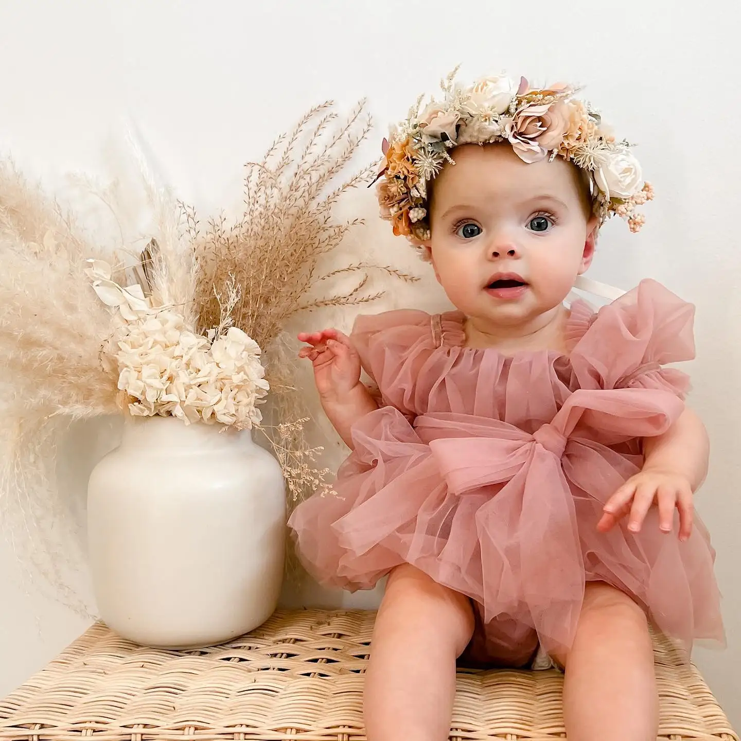 Girl Romper Short Puff Sleeve Lace Mesh Tulle Dress with Bowknot+Headband Set