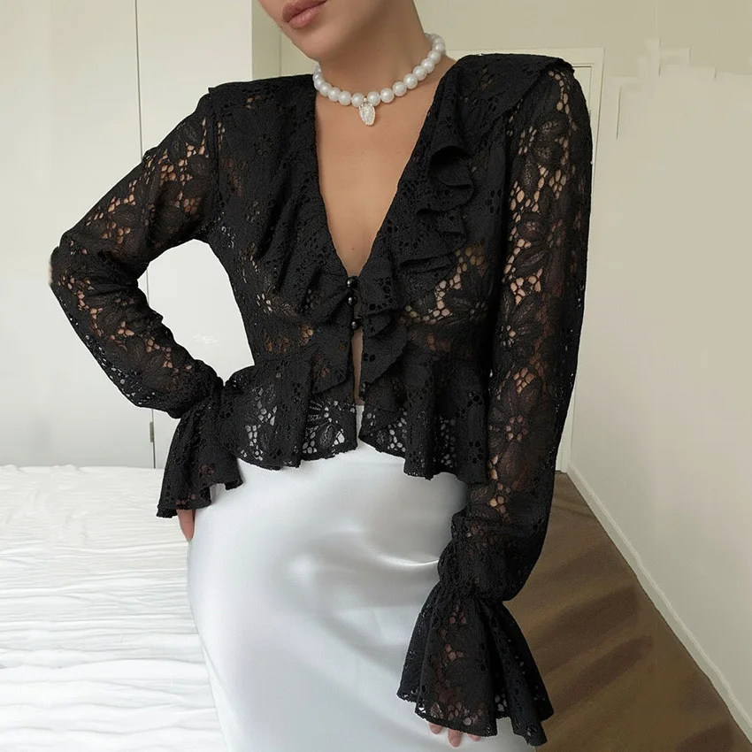 

Linad Sexy White V Neck Embroidery Blouse Woman Elegant Black Lace Flare Sleeve Shirts 2025 Street Chic Ruffles Tops Button Fall