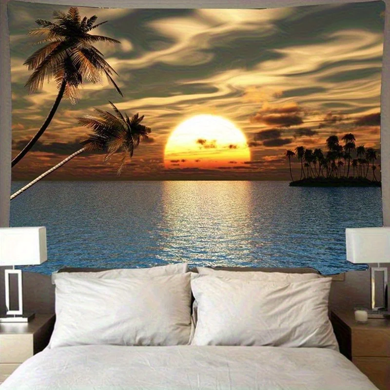 1 tapisserie murale en polyester effet peau de pêche, motif coucher de soleil en bord de mer, avec motif palmier de plage pour extérieur