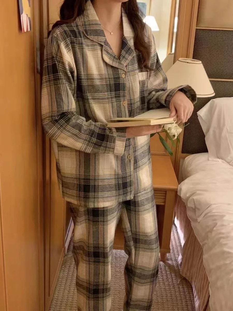 

Women's Spwear Spring Autumn Plaid Lightweight Loose Home Clothes Two-Piece Set Sweet Cute Sle Long Sve Pants