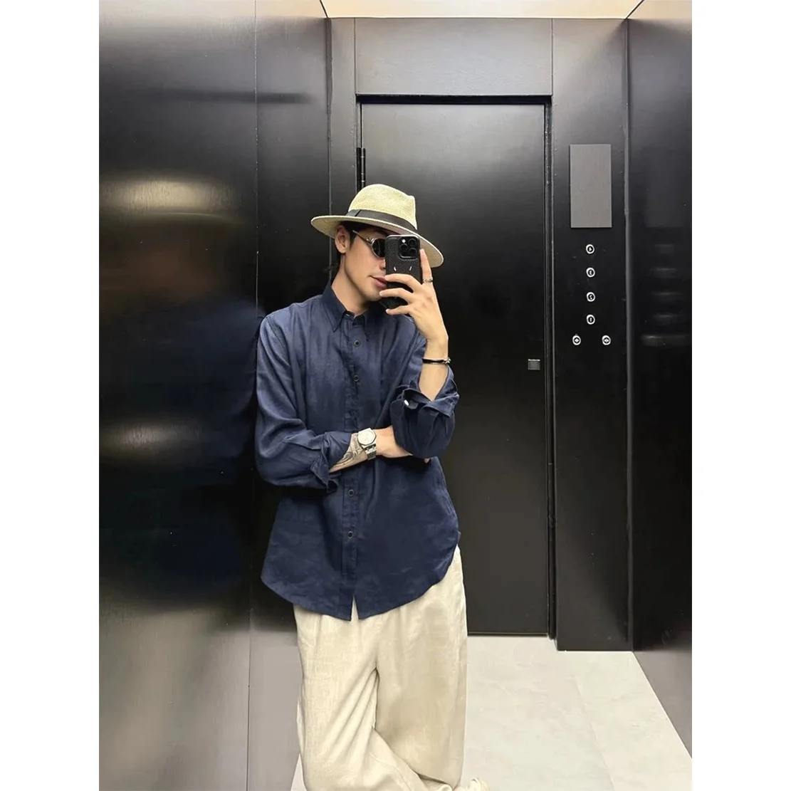 

Trendy Men's Long Sleeve Shirt Qing Blue Linen Cotton Casual Workwear Breathable Lightweight Spring Autumn Seasonal Fashion