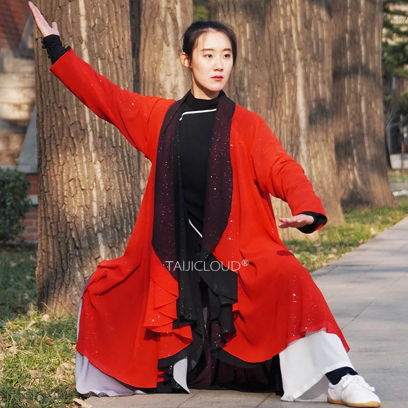 Black Red Taichi Suit with Gold Starlight Cape - 2024 New Unisex Spring Summer Performance Set for Competition & Practice