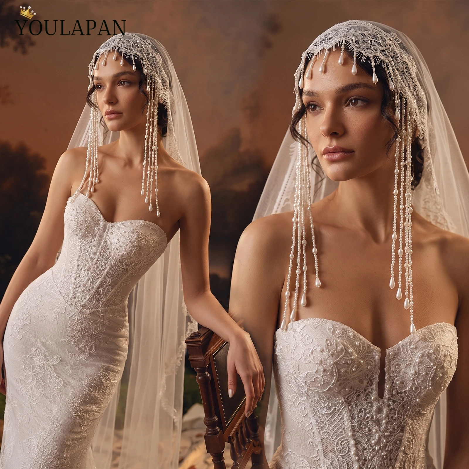 TOPQUEEN Eyelash Lace Veil Mantilla Encaje EspañOla Beaded Tassel Decoration Wedding Veil One Layer Romantic Eyelash Lace V365