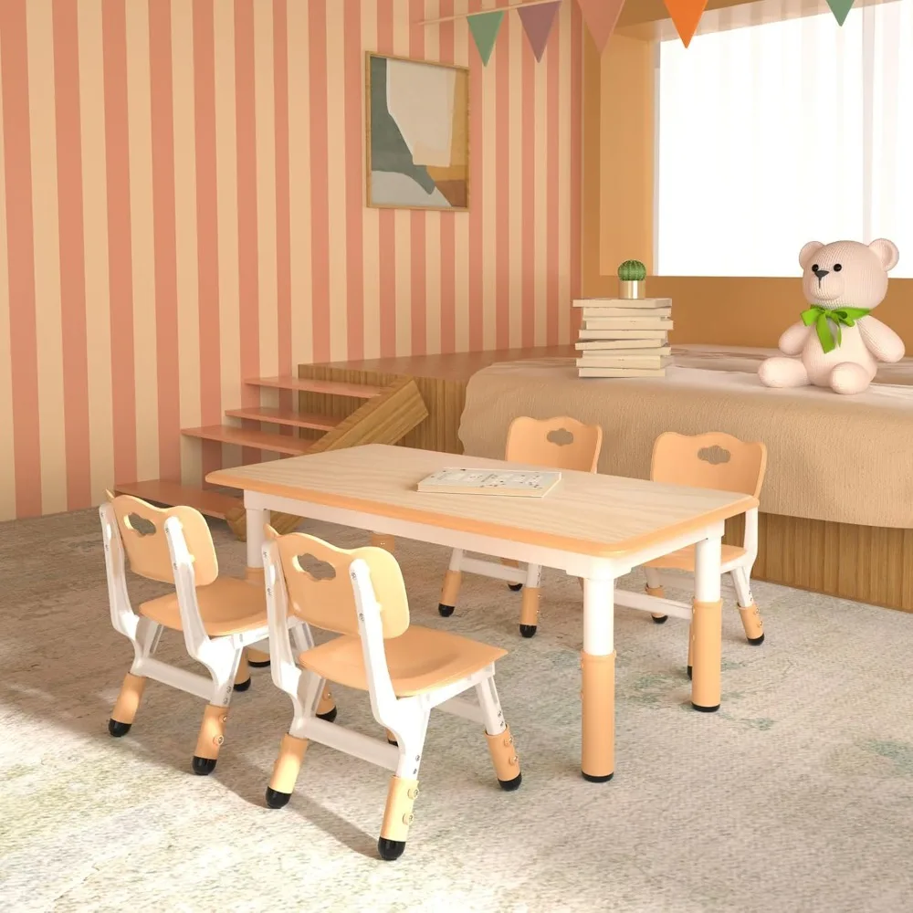 Adjustable Kids Table and 4 Chairs Set with Wipe-Clean Desktop for Home and Classroom Use